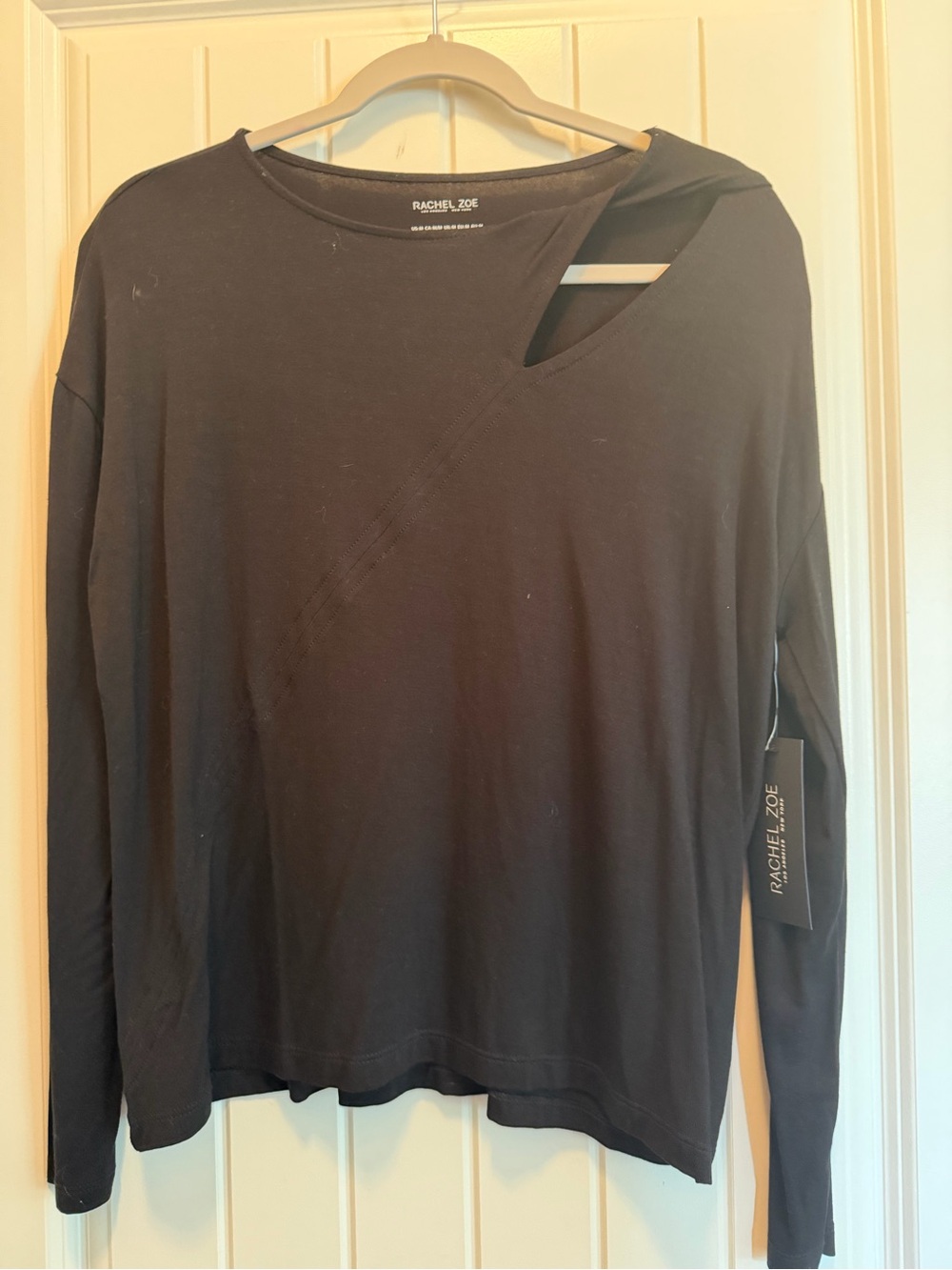 Rachel Zoe Black Long-Sleeve Cutout Crewneck Top with Asymmetric Neck Detail